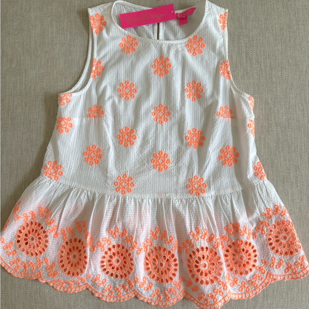Lilly Pulitzer Lilliana Emrboidered Eyelet Top in Canteloupe Seersucker Size XS